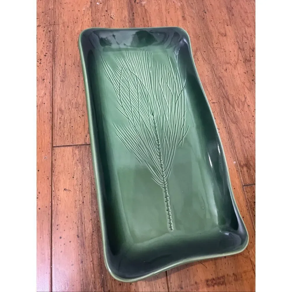 Kay Wayne Signed Studio Art Pottery Pine Needle Branch Green Serving Platter